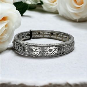 Art Deco PSCO Clear Rhinestone Rhodium Silver Filigree Hinged Cuff Bracelet